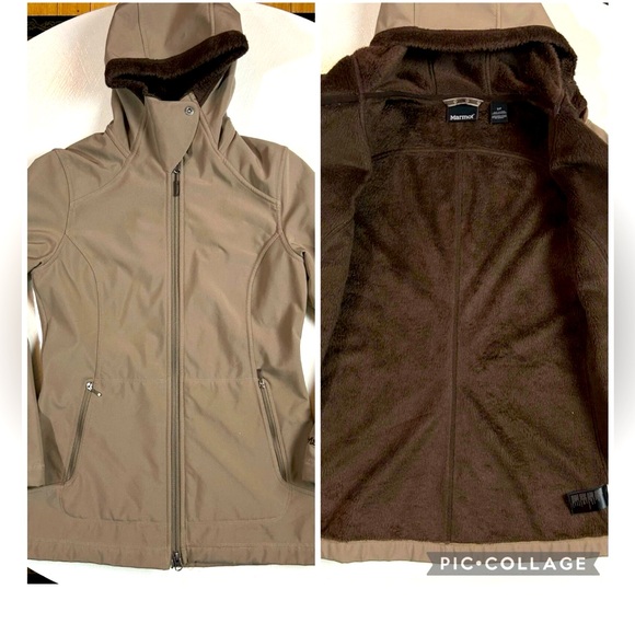 Marmot Jacket Women SMALL Tan Full Zip Hooded Warm Soft Fleece Lined Zip Pockets